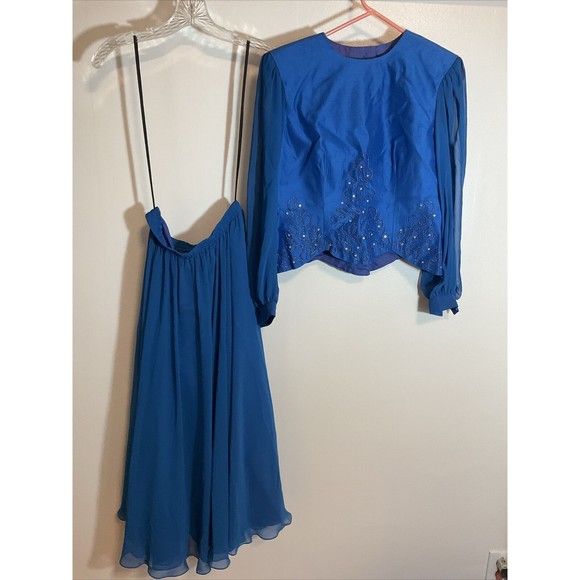 Miss Elliette Women’s 8 Blue Skirt Blazer Combo Vintage Ruffle Evening Swing - Picture 10 of 15